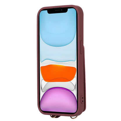 Fall-proof Cover for iPhone 11 6.1 inch Card Holder Hand Strap Leather+TPU Phone Kickstand Case with Shoulder Strap