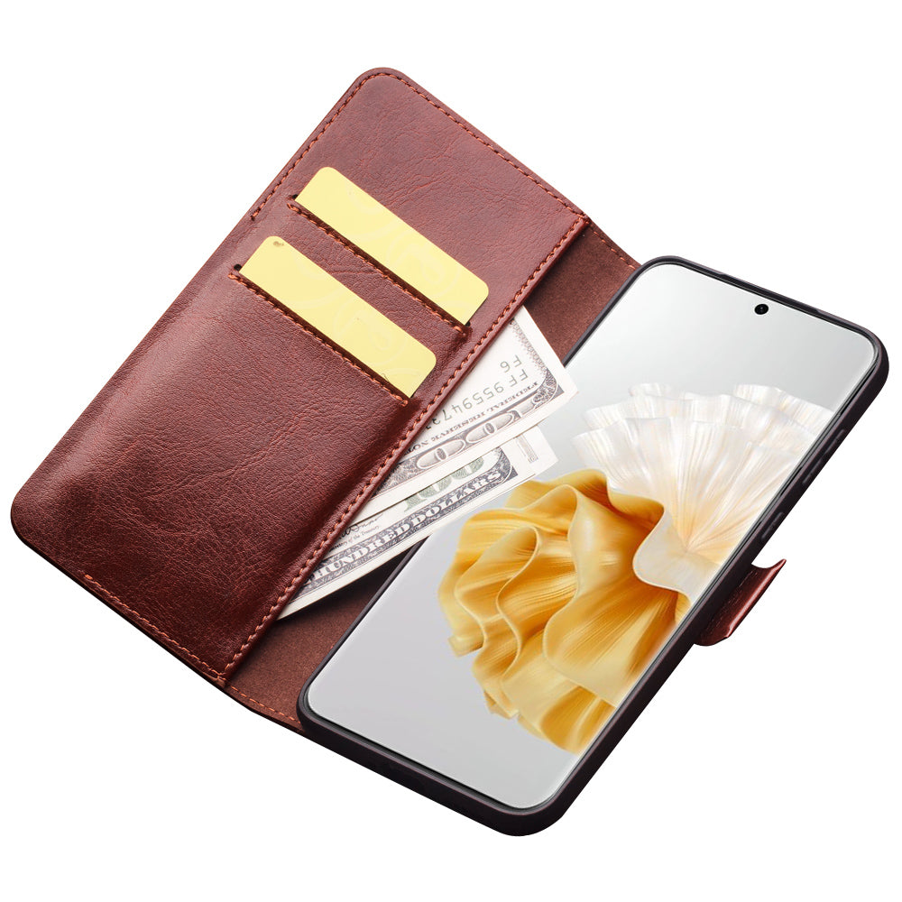 QIALINO For Huawei P60 Genuine Cow Leather Wallet Phone Case Stand Shockproof Folio Cover