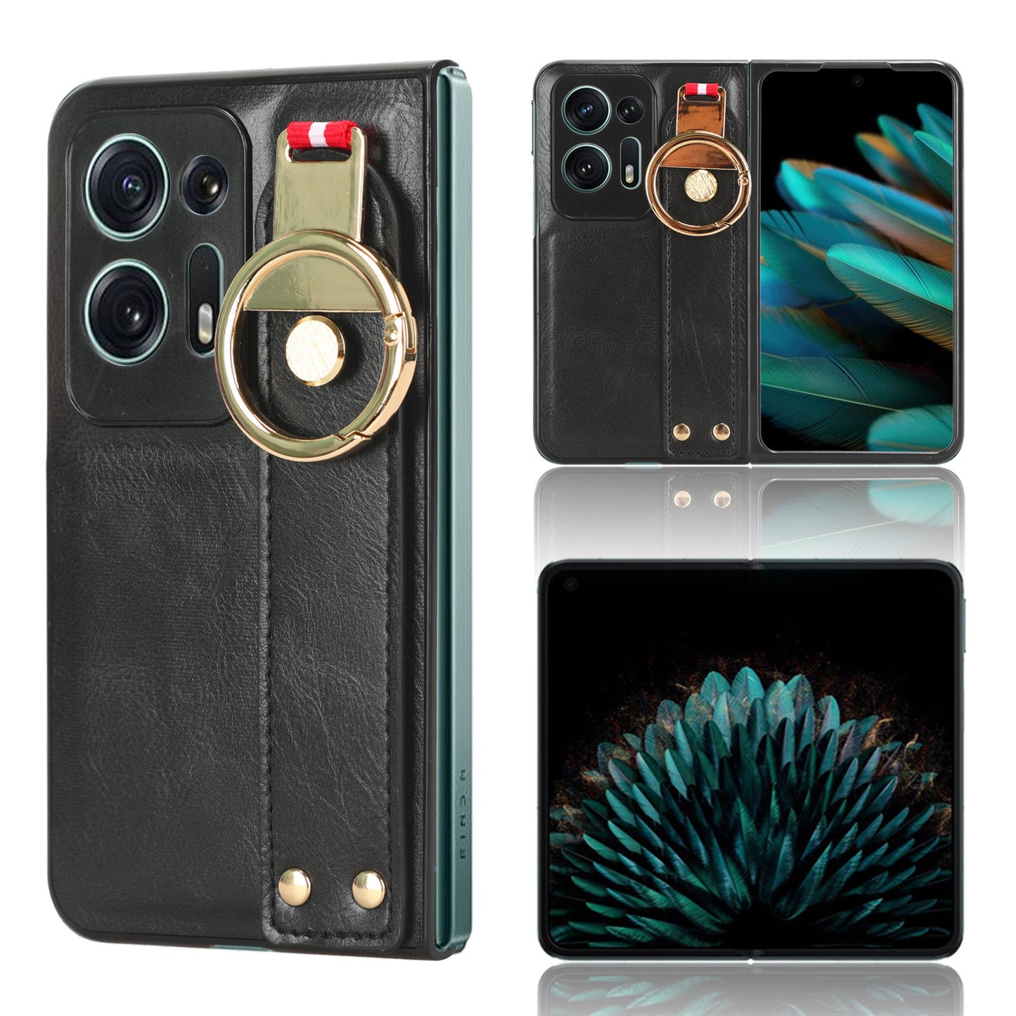 For Oppo Find N2 5G PU Leather Coated PC+TPU Phone Case Wristband Kickstand Shockproof Cover