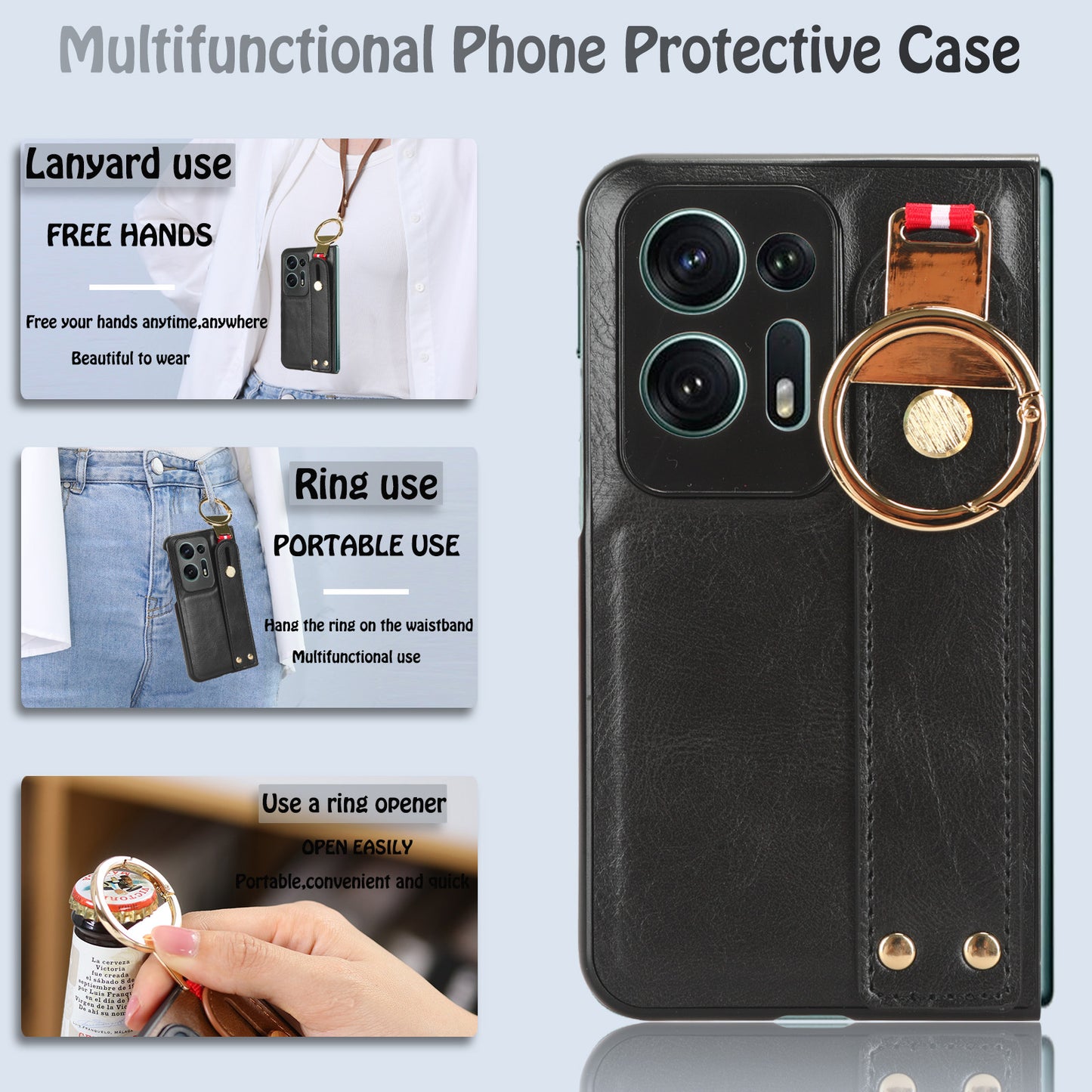 For Oppo Find N2 5G PU Leather Coated PC+TPU Phone Case Wristband Kickstand Shockproof Cover