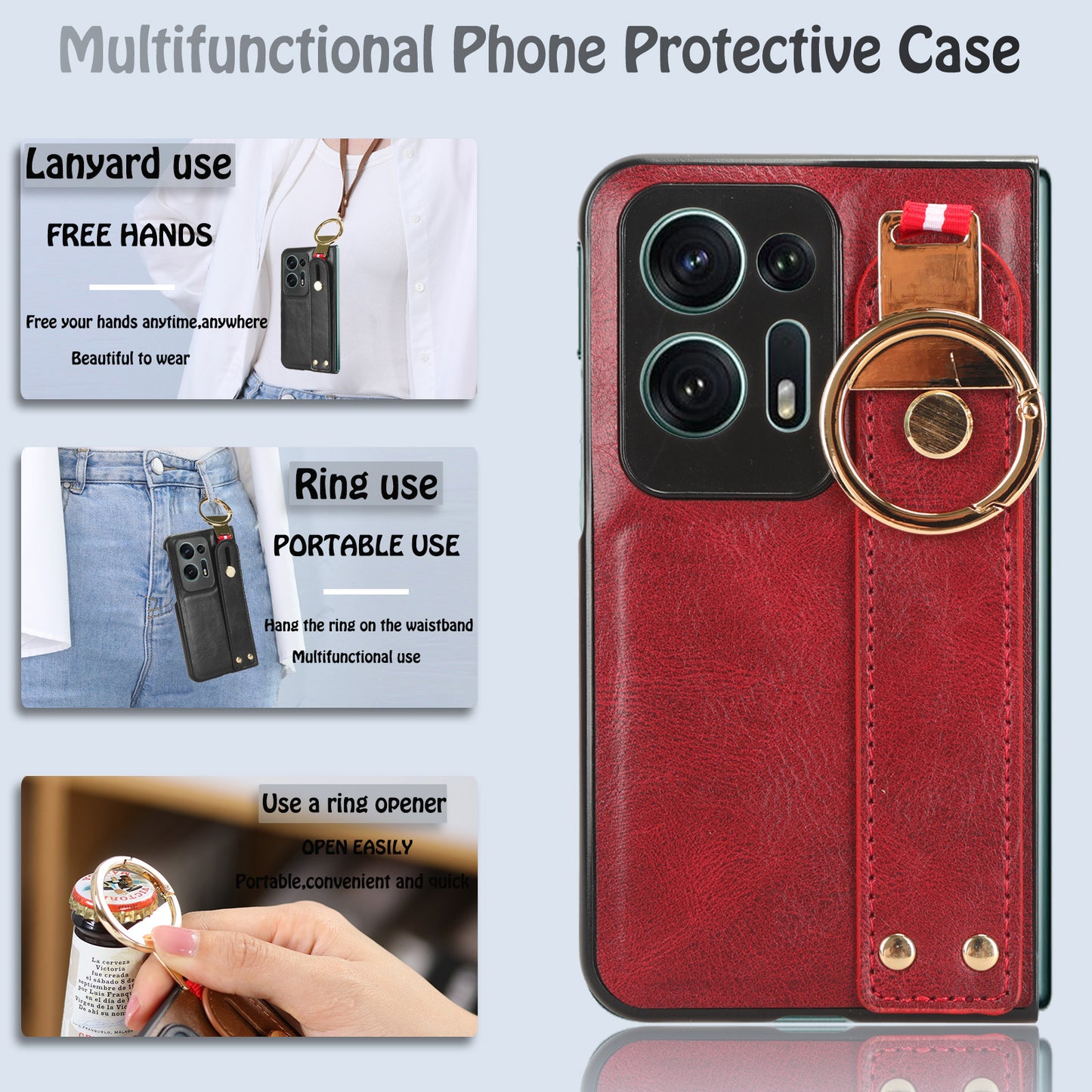 For Oppo Find N2 5G PU Leather Coated PC+TPU Phone Case Wristband Kickstand Shockproof Cover