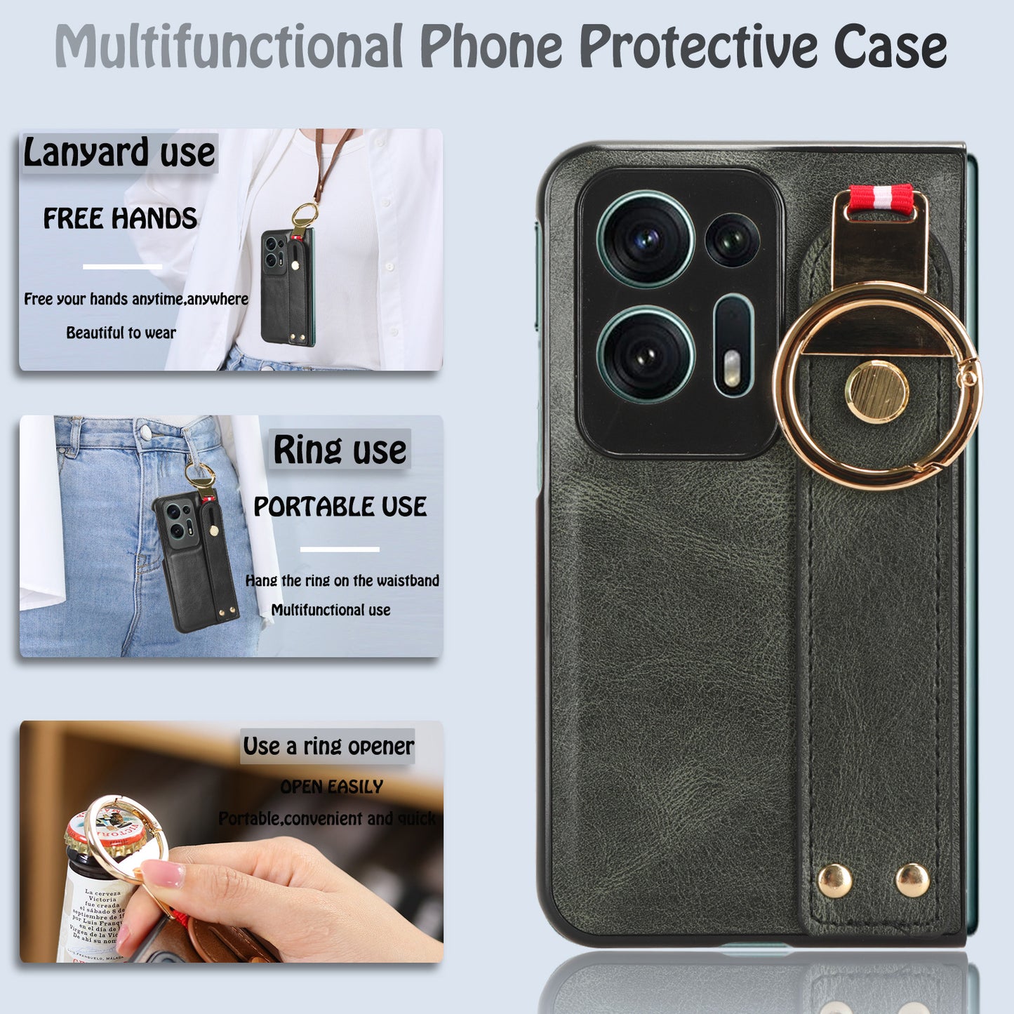 For Oppo Find N2 5G PU Leather Coated PC+TPU Phone Case Wristband Kickstand Shockproof Cover