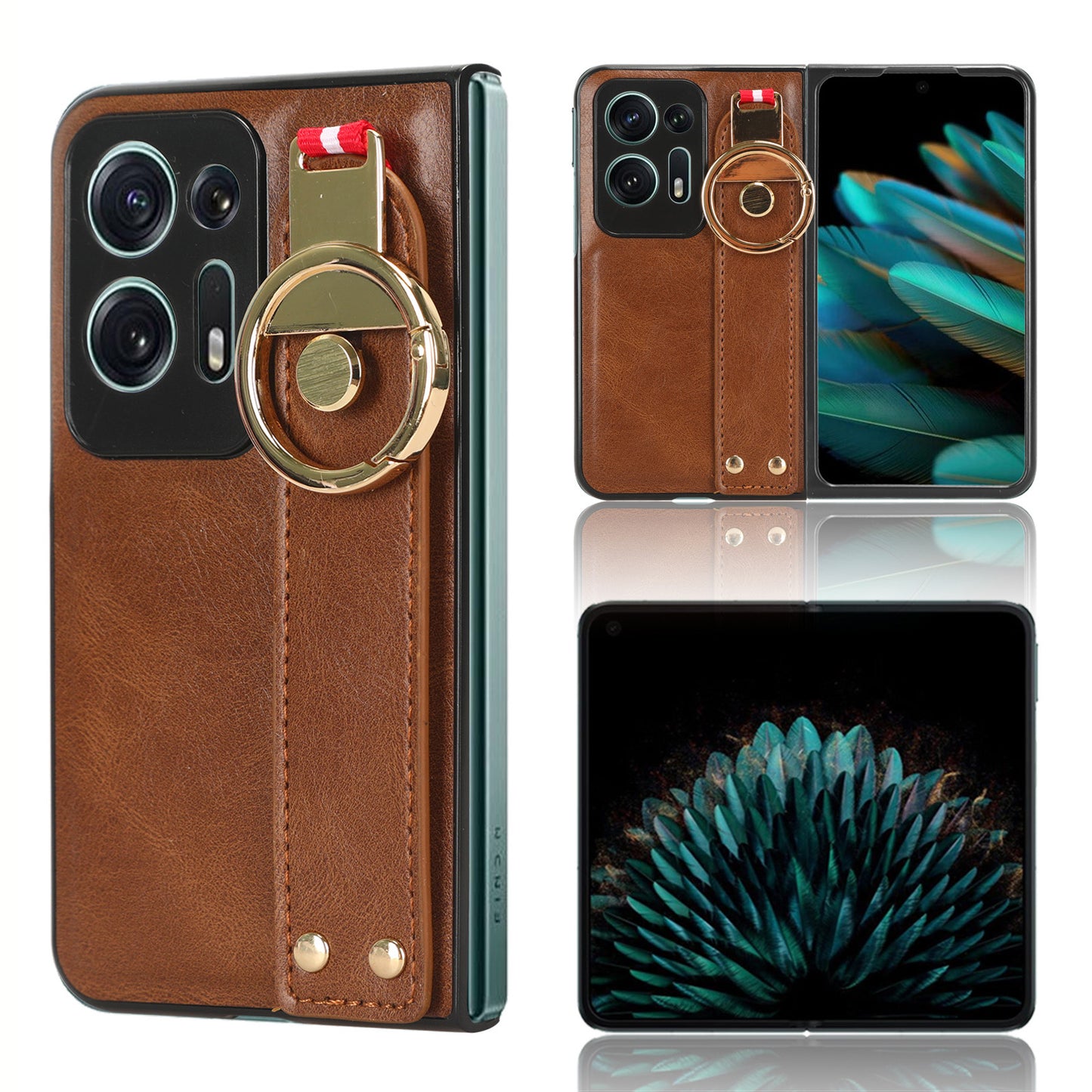 For Oppo Find N2 5G PU Leather Coated PC+TPU Phone Case Wristband Kickstand Shockproof Cover