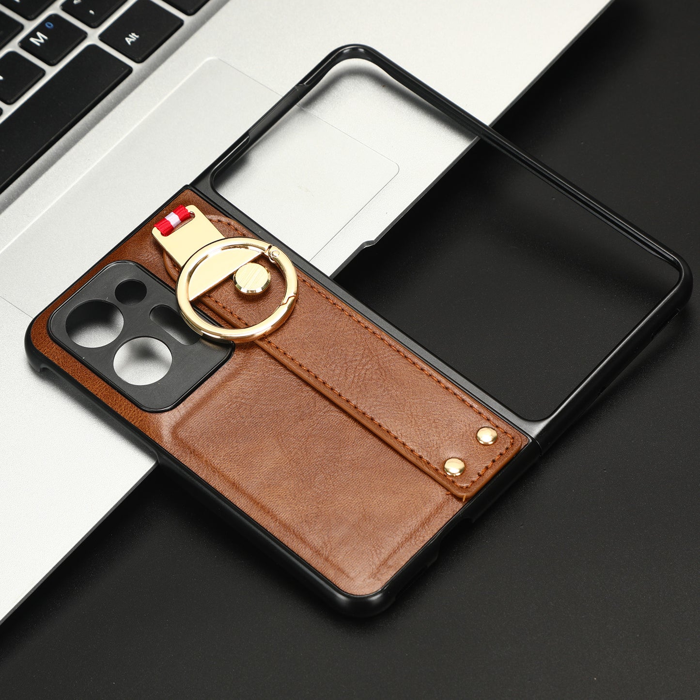 For Oppo Find N2 5G PU Leather Coated PC+TPU Phone Case Wristband Kickstand Shockproof Cover