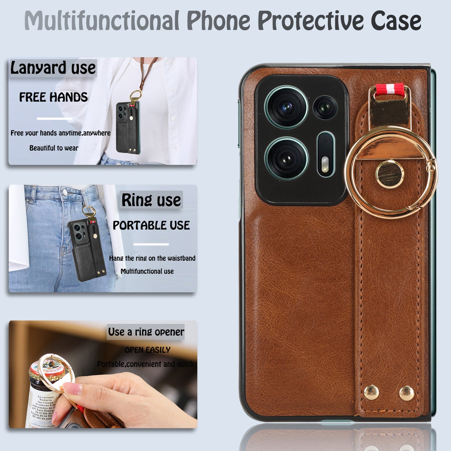 For Oppo Find N2 5G PU Leather Coated PC+TPU Phone Case Wristband Kickstand Shockproof Cover