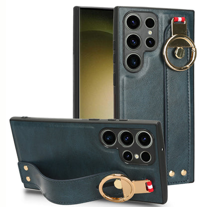 For Samsung Galaxy S23 Ultra Wristband Kickstand Leather Coating Phone Cover PC+TPU Case with Neck Strap