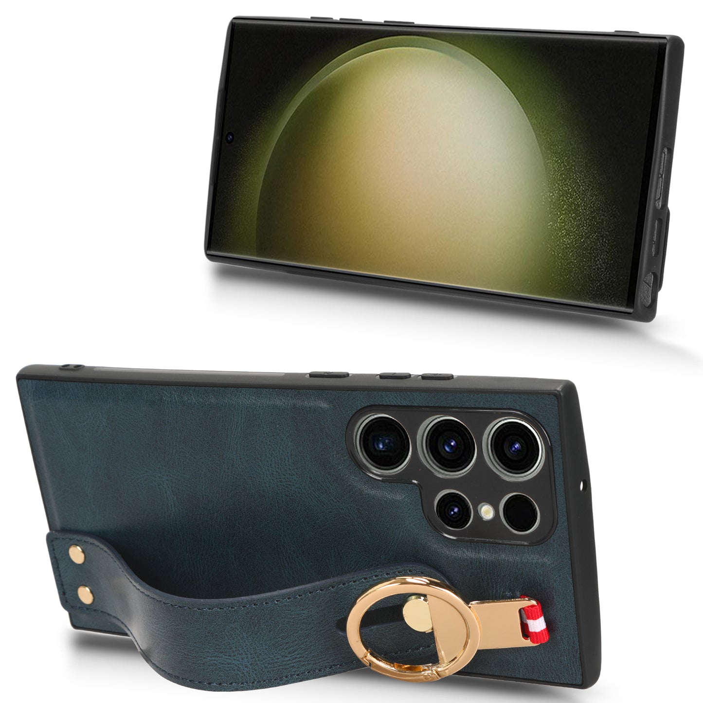 For Samsung Galaxy S23 Ultra Wristband Kickstand Leather Coating Phone Cover PC+TPU Case with Neck Strap