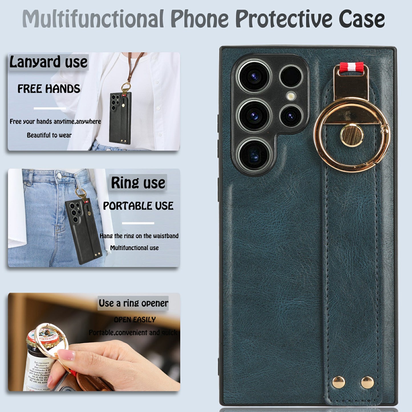 For Samsung Galaxy S23 Ultra Wristband Kickstand Leather Coating Phone Cover PC+TPU Case with Neck Strap