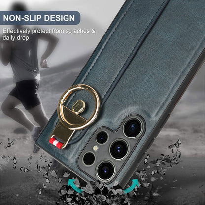 For Samsung Galaxy S23 Ultra Wristband Kickstand Leather Coating Phone Cover PC+TPU Case with Neck Strap