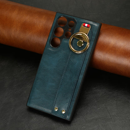For Samsung Galaxy S23 Ultra Wristband Kickstand Leather Coating Phone Cover PC+TPU Case with Neck Strap