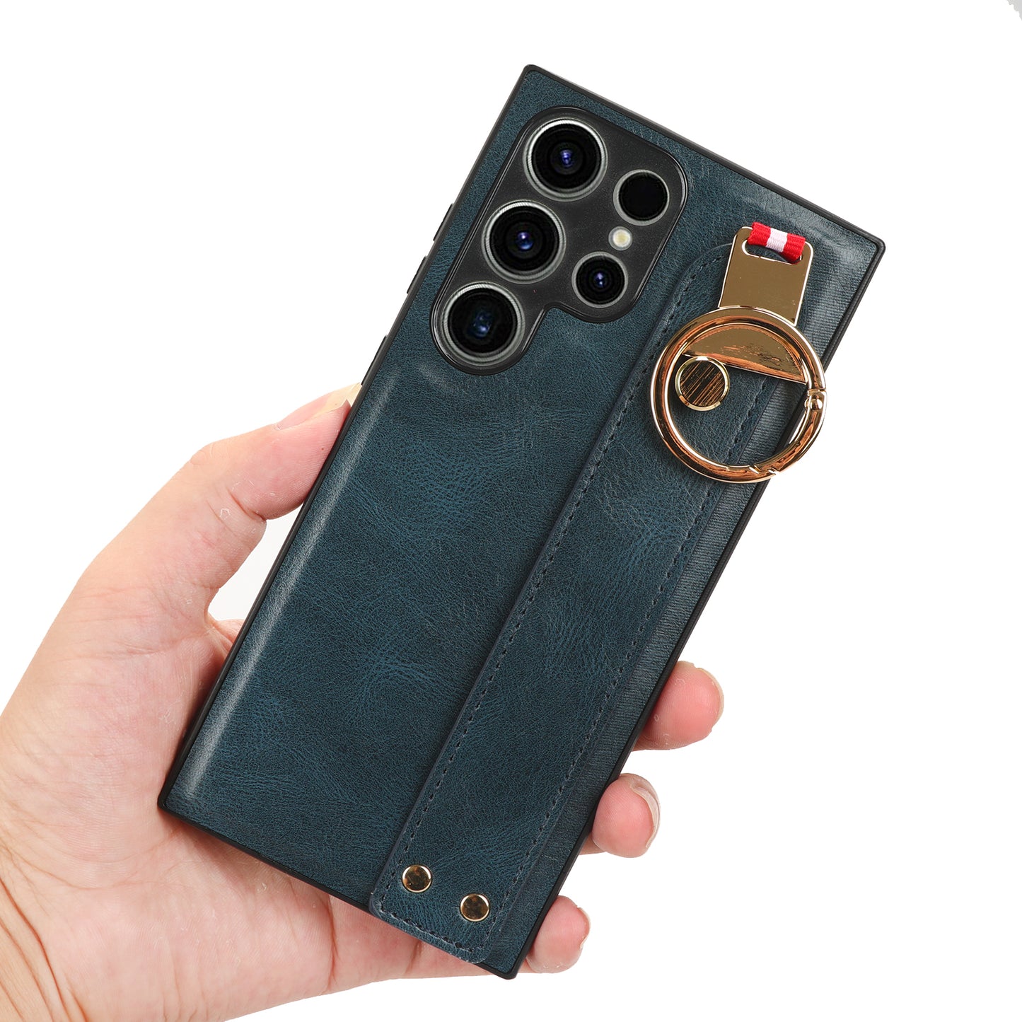 For Samsung Galaxy S23 Ultra Wristband Kickstand Leather Coating Phone Cover PC+TPU Case with Neck Strap