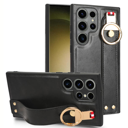 For Samsung Galaxy S23 Ultra Wristband Kickstand Leather Coating Phone Cover PC+TPU Case with Neck Strap