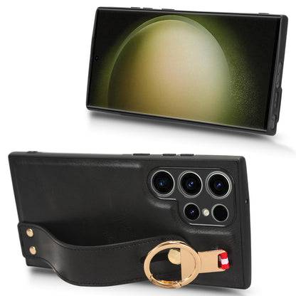 For Samsung Galaxy S23 Ultra Wristband Kickstand Leather Coating Phone Cover PC+TPU Case with Neck Strap