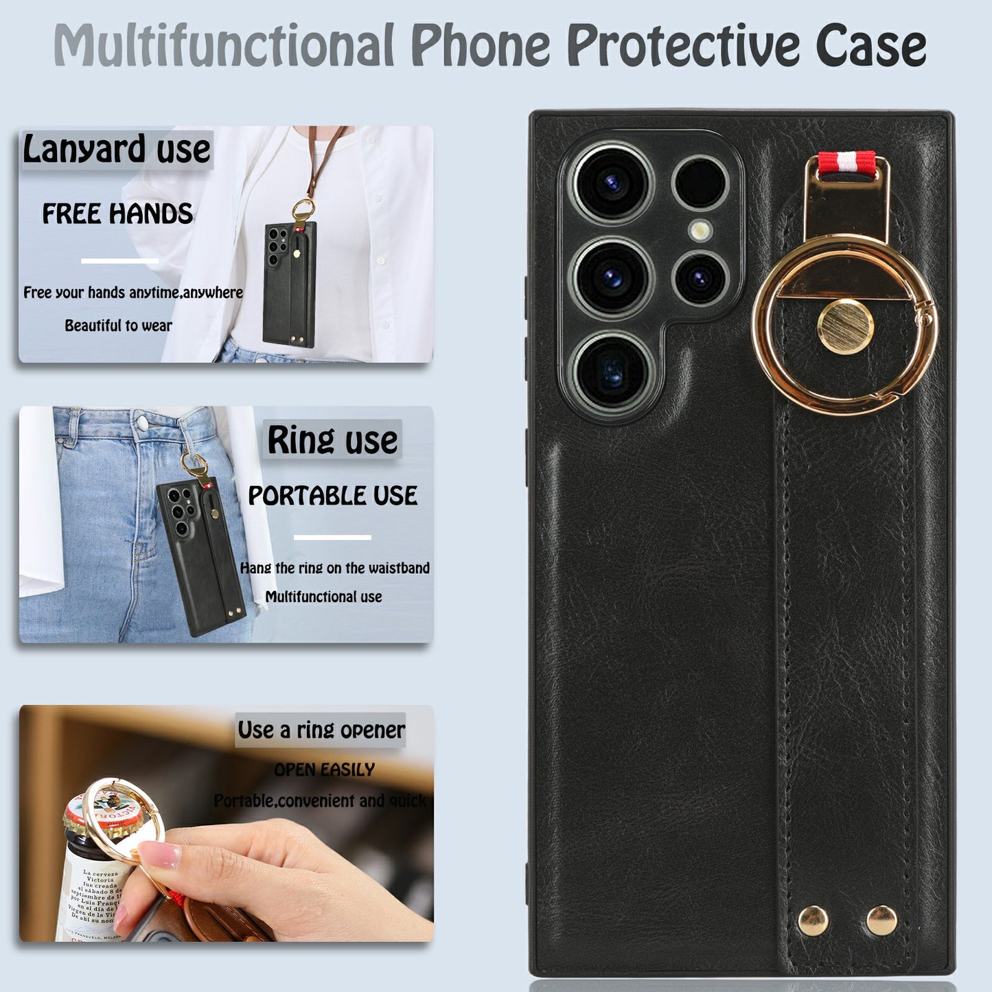 For Samsung Galaxy S23 Ultra Wristband Kickstand Leather Coating Phone Cover PC+TPU Case with Neck Strap