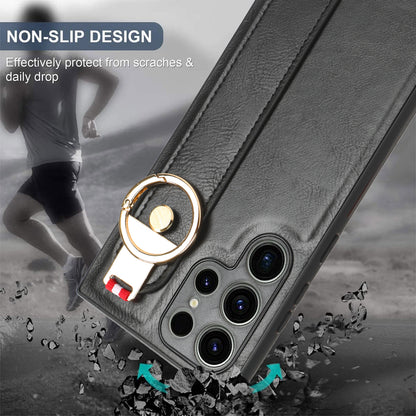 For Samsung Galaxy S23 Ultra Wristband Kickstand Leather Coating Phone Cover PC+TPU Case with Neck Strap