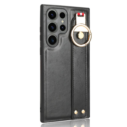 For Samsung Galaxy S23 Ultra Wristband Kickstand Leather Coating Phone Cover PC+TPU Case with Neck Strap