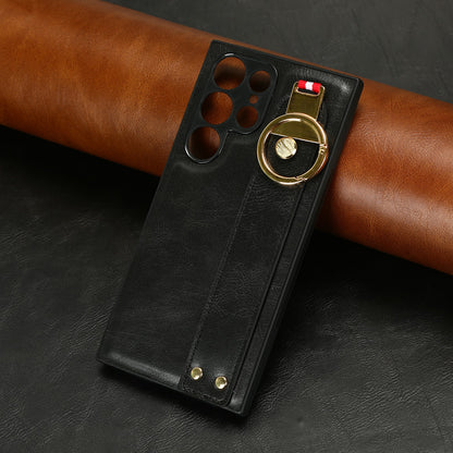 For Samsung Galaxy S23 Ultra Wristband Kickstand Leather Coating Phone Cover PC+TPU Case with Neck Strap