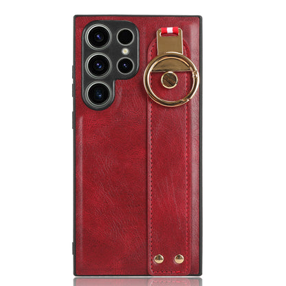 For Samsung Galaxy S23 Ultra Wristband Kickstand Leather Coating Phone Cover PC+TPU Case with Neck Strap
