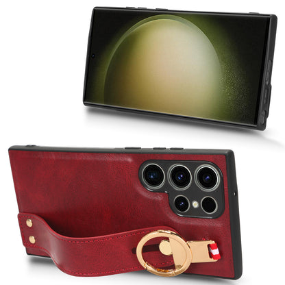 For Samsung Galaxy S23 Ultra Wristband Kickstand Leather Coating Phone Cover PC+TPU Case with Neck Strap