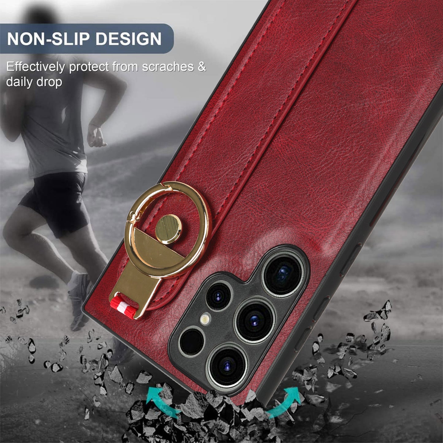For Samsung Galaxy S23 Ultra Wristband Kickstand Leather Coating Phone Cover PC+TPU Case with Neck Strap