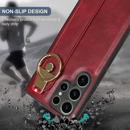 For Samsung Galaxy S23 Ultra Wristband Kickstand Leather Coating Phone Cover PC+TPU Case with Neck Strap