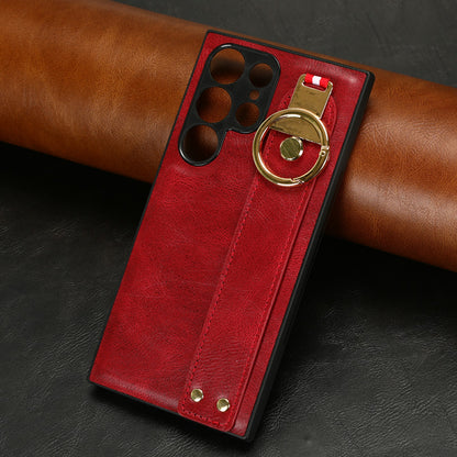 For Samsung Galaxy S23 Ultra Wristband Kickstand Leather Coating Phone Cover PC+TPU Case with Neck Strap
