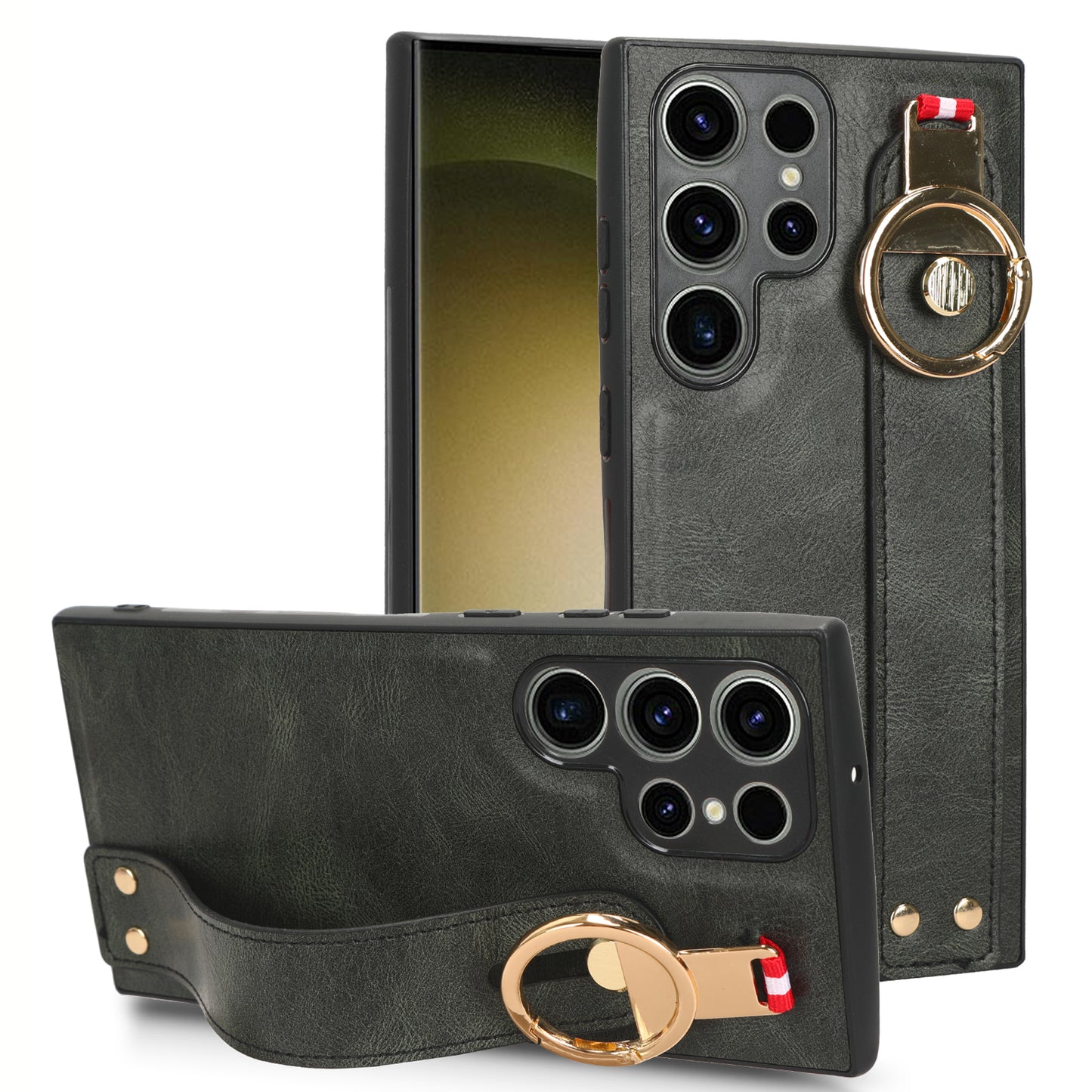 For Samsung Galaxy S23 Ultra Wristband Kickstand Leather Coating Phone Cover PC+TPU Case with Neck Strap