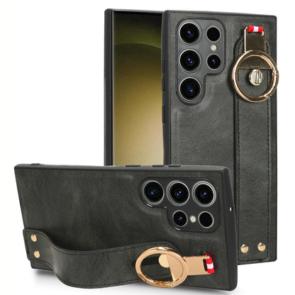 For Samsung Galaxy S23 Ultra Wristband Kickstand Leather Coating Phone Cover PC+TPU Case with Neck Strap