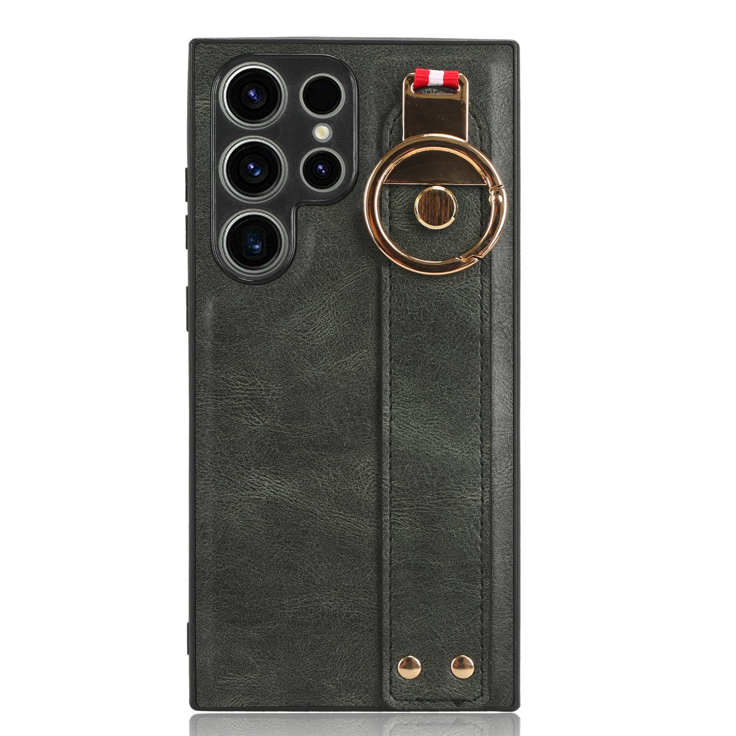 For Samsung Galaxy S23 Ultra Wristband Kickstand Leather Coating Phone Cover PC+TPU Case with Neck Strap