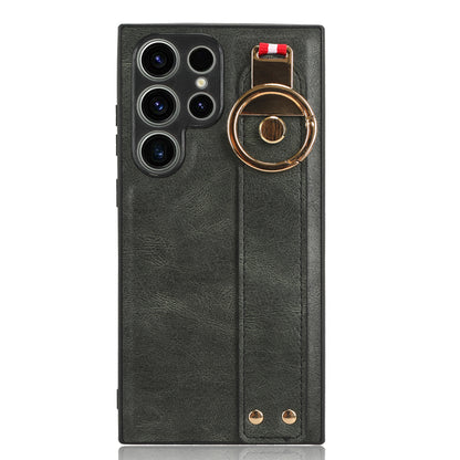 For Samsung Galaxy S23 Ultra Wristband Kickstand Leather Coating Phone Cover PC+TPU Case with Neck Strap