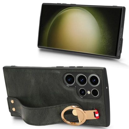 For Samsung Galaxy S23 Ultra Wristband Kickstand Leather Coating Phone Cover PC+TPU Case with Neck Strap