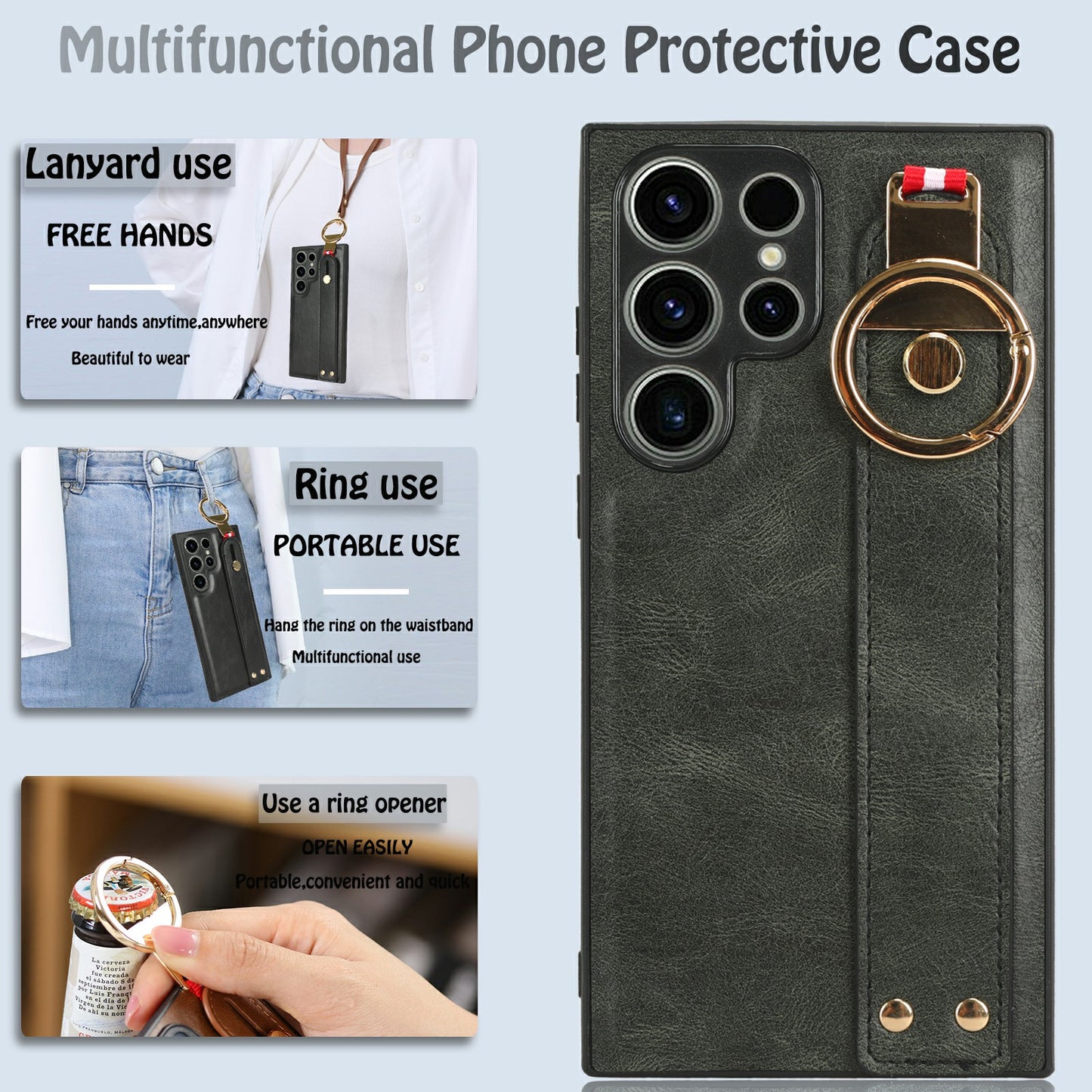 For Samsung Galaxy S23 Ultra Wristband Kickstand Leather Coating Phone Cover PC+TPU Case with Neck Strap