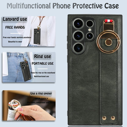 For Samsung Galaxy S23 Ultra Wristband Kickstand Leather Coating Phone Cover PC+TPU Case with Neck Strap