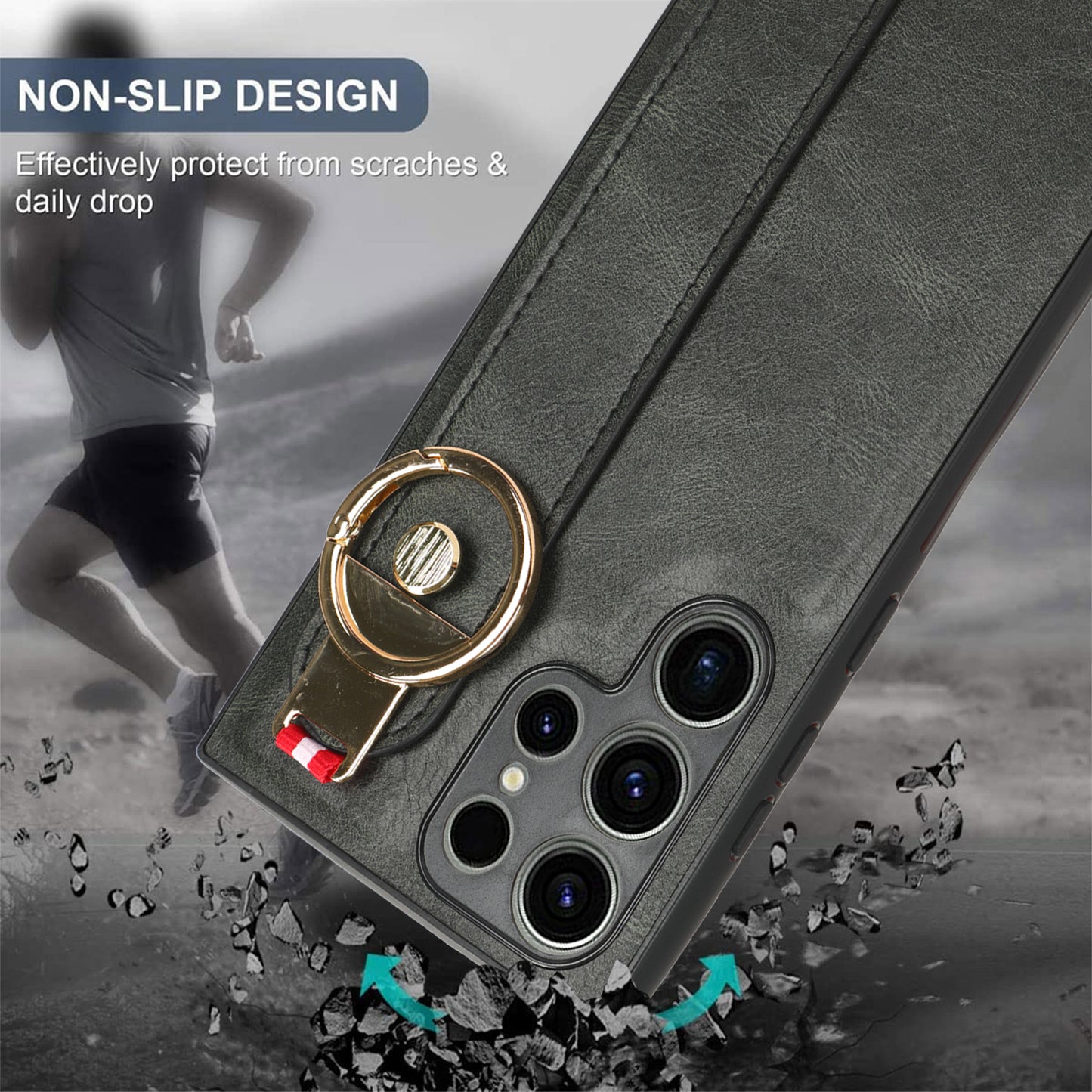 For Samsung Galaxy S23 Ultra Wristband Kickstand Leather Coating Phone Cover PC+TPU Case with Neck Strap