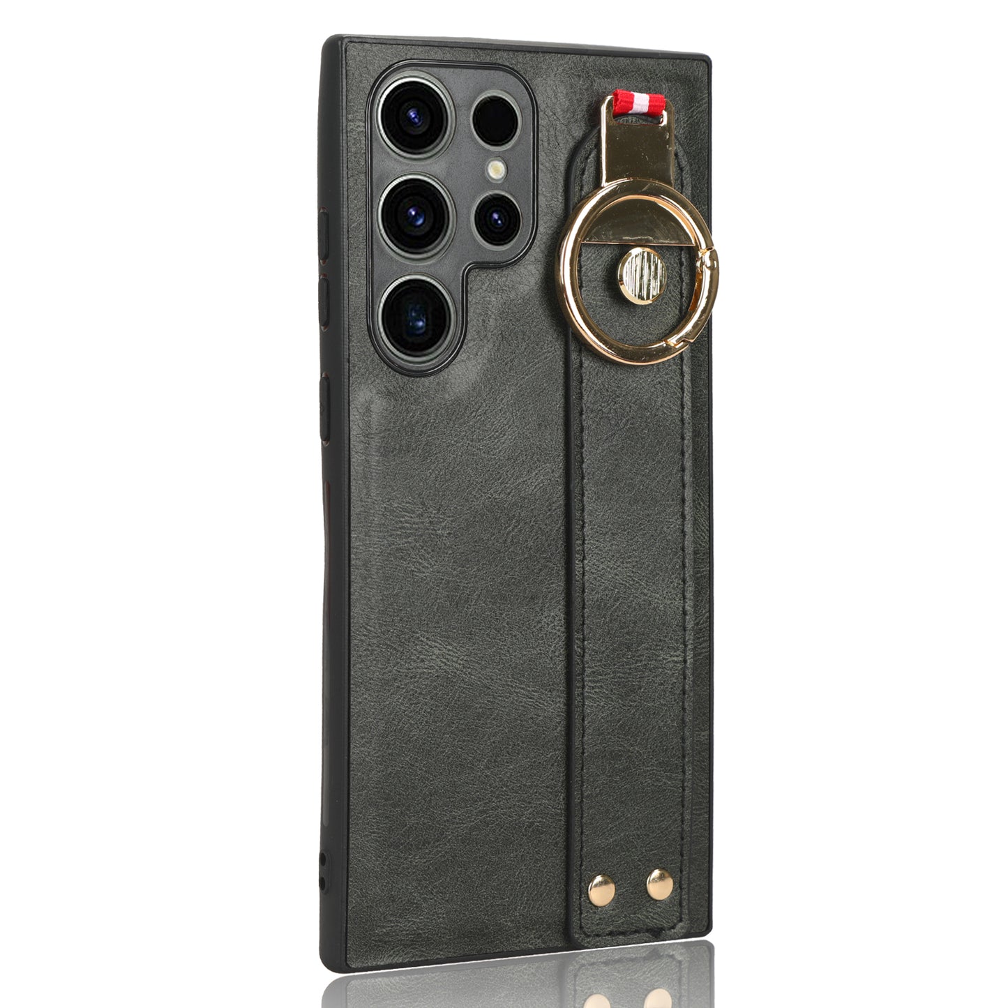 For Samsung Galaxy S23 Ultra Wristband Kickstand Leather Coating Phone Cover PC+TPU Case with Neck Strap