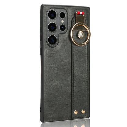 For Samsung Galaxy S23 Ultra Wristband Kickstand Leather Coating Phone Cover PC+TPU Case with Neck Strap