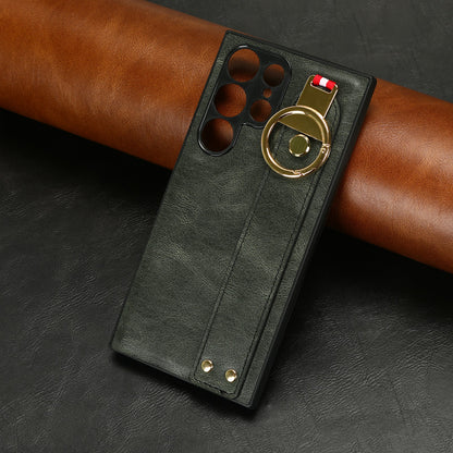 For Samsung Galaxy S23 Ultra Wristband Kickstand Leather Coating Phone Cover PC+TPU Case with Neck Strap