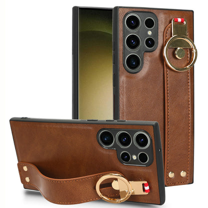 For Samsung Galaxy S23 Ultra Wristband Kickstand Leather Coating Phone Cover PC+TPU Case with Neck Strap