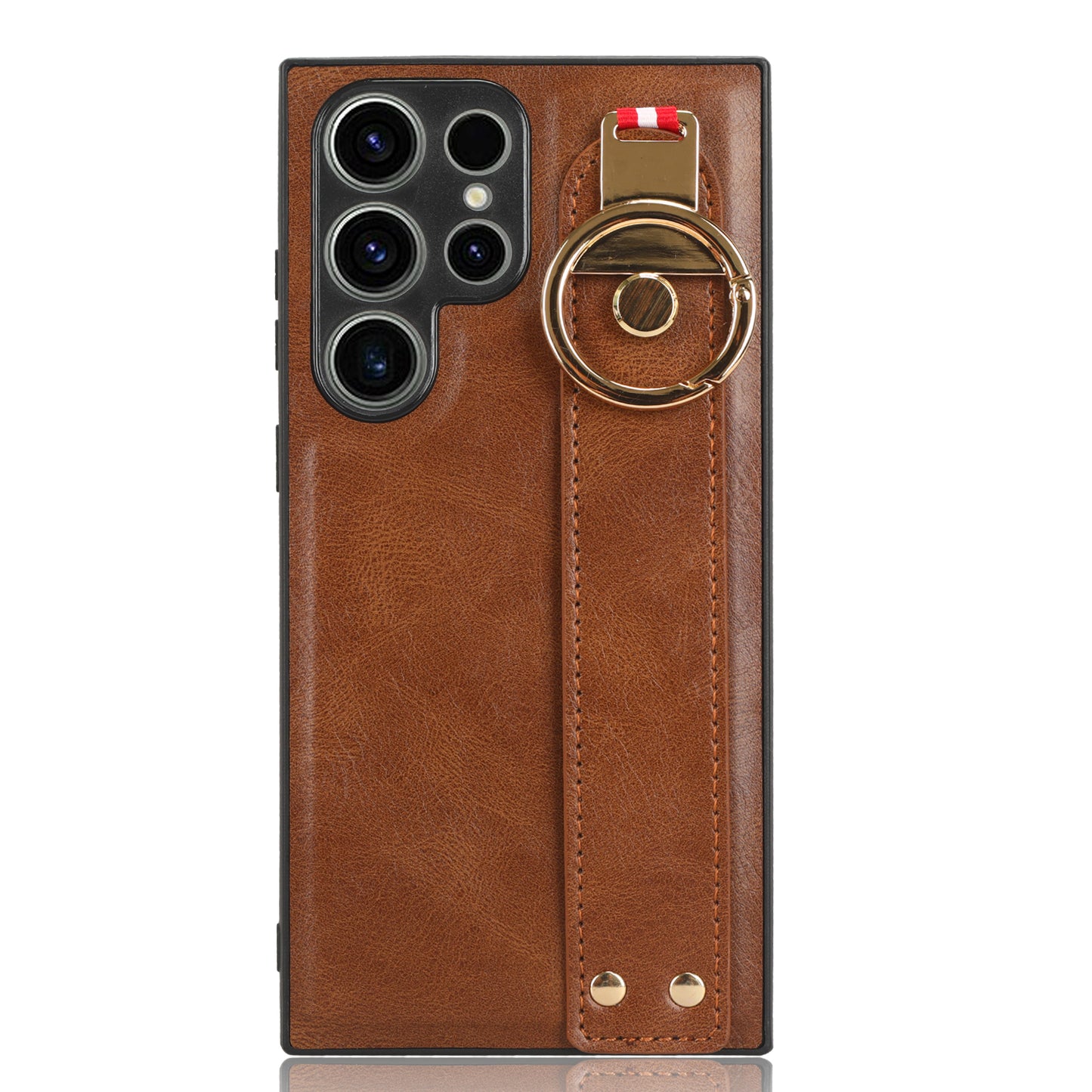 For Samsung Galaxy S23 Ultra Wristband Kickstand Leather Coating Phone Cover PC+TPU Case with Neck Strap