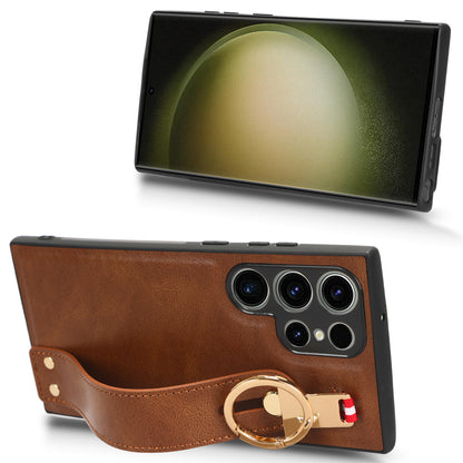 For Samsung Galaxy S23 Ultra Wristband Kickstand Leather Coating Phone Cover PC+TPU Case with Neck Strap