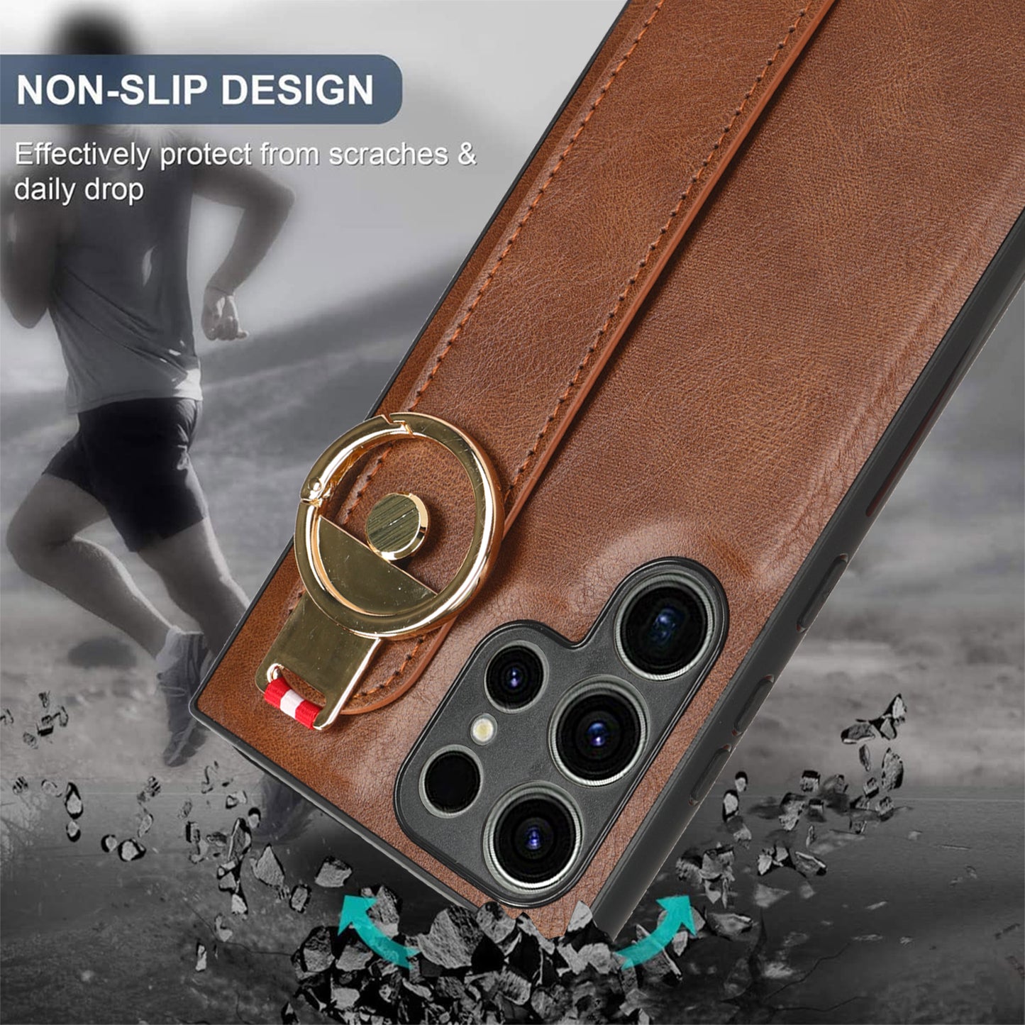 For Samsung Galaxy S23 Ultra Wristband Kickstand Leather Coating Phone Cover PC+TPU Case with Neck Strap