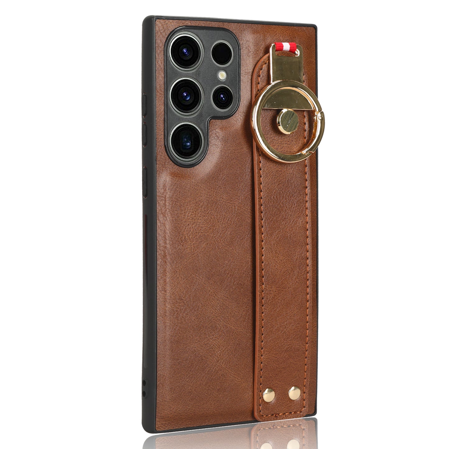 For Samsung Galaxy S23 Ultra Wristband Kickstand Leather Coating Phone Cover PC+TPU Case with Neck Strap