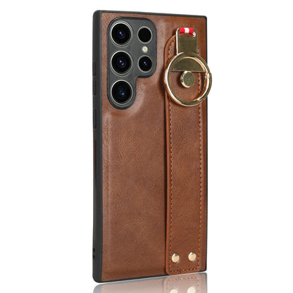 For Samsung Galaxy S23 Ultra Wristband Kickstand Leather Coating Phone Cover PC+TPU Case with Neck Strap
