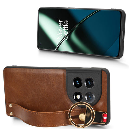 Wristband Kickstand Phone Cover for OnePlus 11 5G , Leather Coated PC+TPU Case with Neck Strap