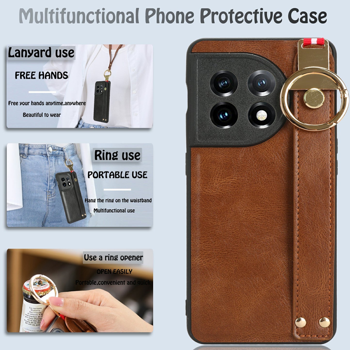 Wristband Kickstand Phone Cover for OnePlus 11 5G , Leather Coated PC+TPU Case with Neck Strap