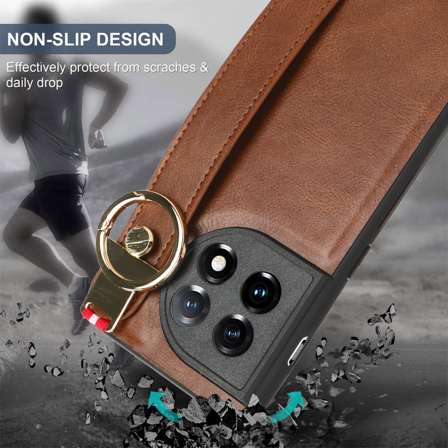 Wristband Kickstand Phone Cover for OnePlus 11 5G , Leather Coated PC+TPU Case with Neck Strap