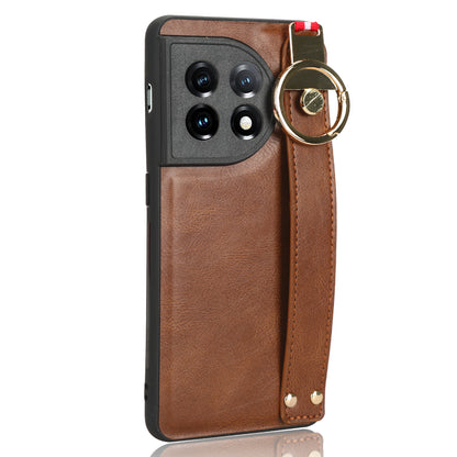 Wristband Kickstand Phone Cover for OnePlus 11 5G , Leather Coated PC+TPU Case with Neck Strap