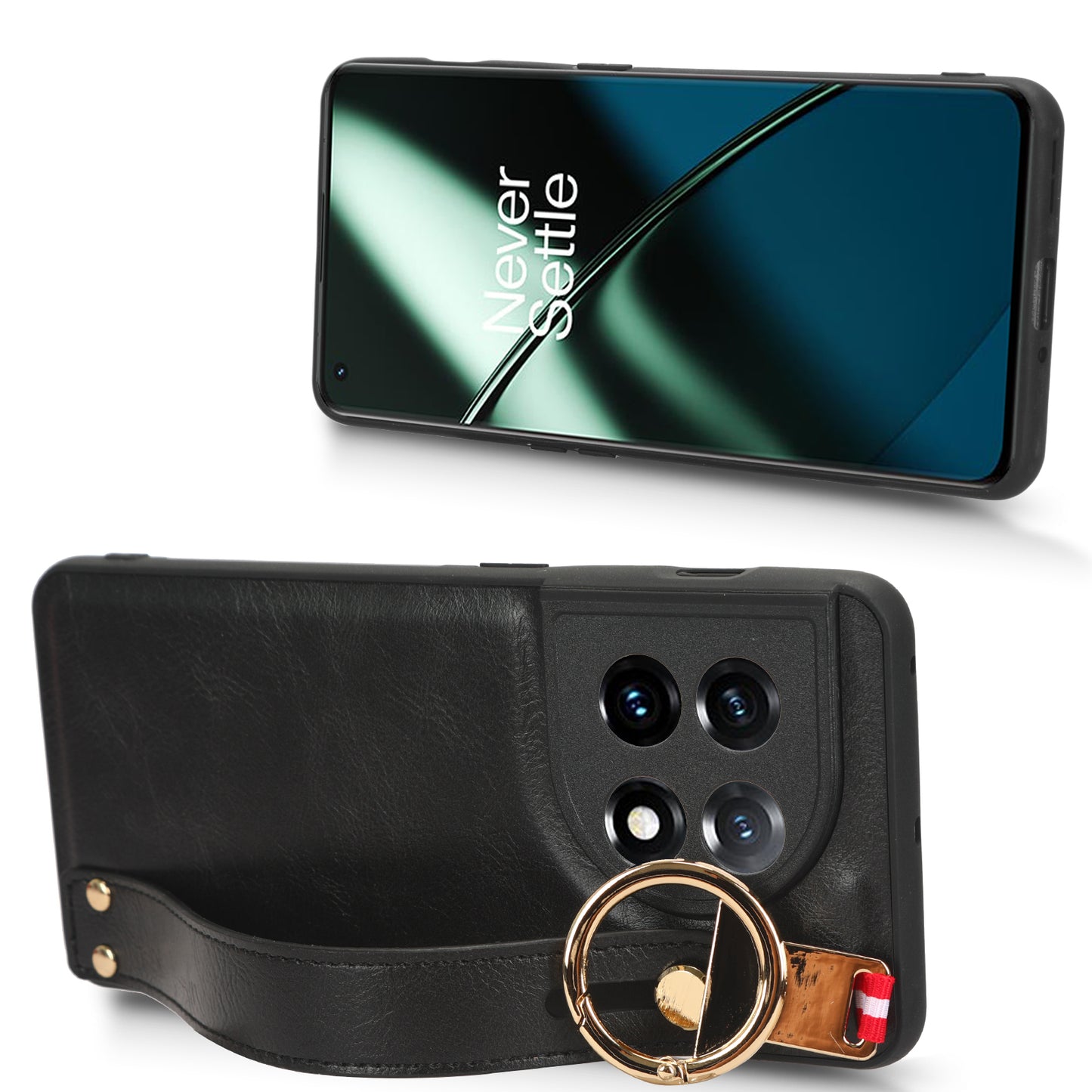 Wristband Kickstand Phone Cover for OnePlus 11 5G , Leather Coated PC+TPU Case with Neck Strap