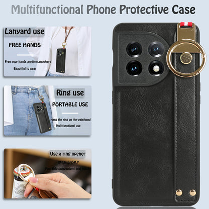 Wristband Kickstand Phone Cover for OnePlus 11 5G , Leather Coated PC+TPU Case with Neck Strap