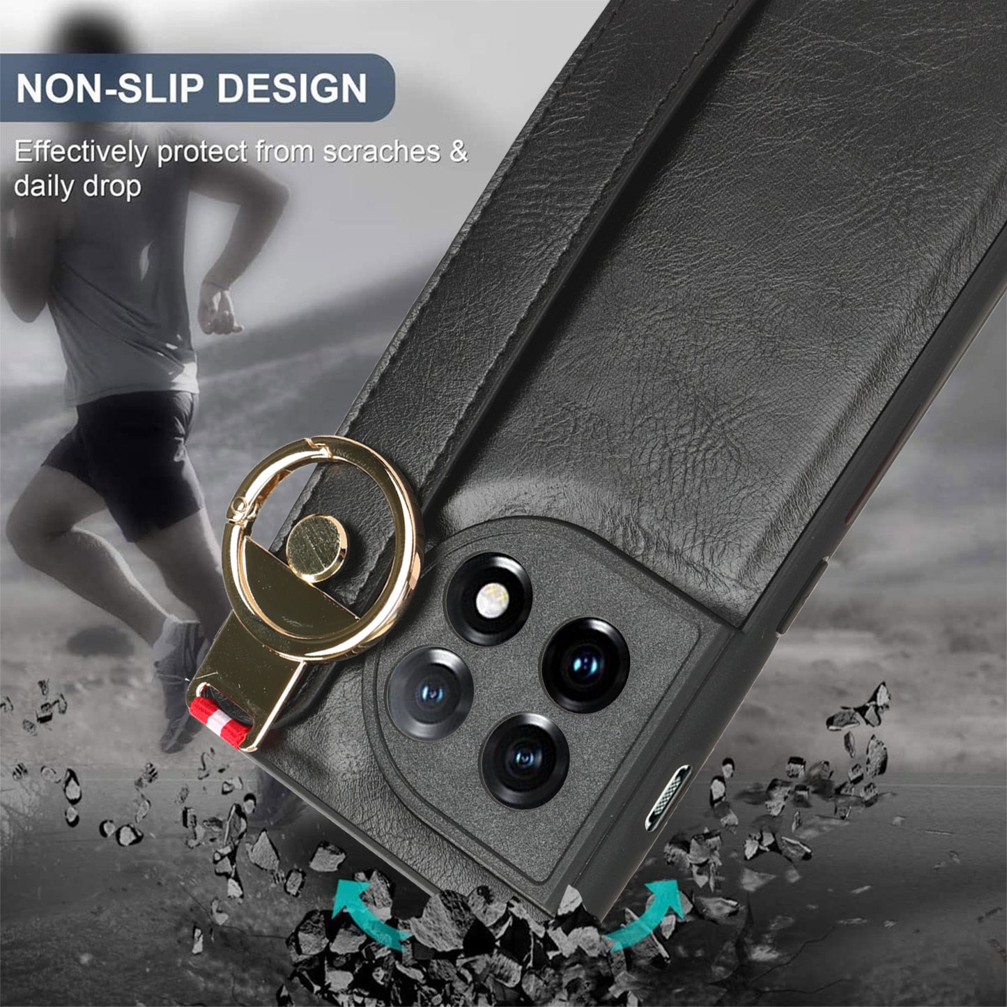 Wristband Kickstand Phone Cover for OnePlus 11 5G , Leather Coated PC+TPU Case with Neck Strap